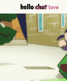 a cartoon scene with the words hello comf love on the top