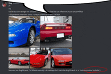 a screenshot of a discord conversation with a blue and red car