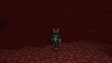 a minecraft character with a helmet on stands in a dark room