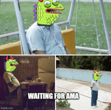 a cartoon of a man sitting on a swing with the words waiting for ama on the bottom