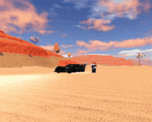 a car is driving through a desert with a palm tree in the distance