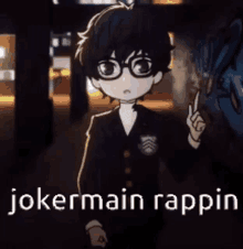 a cartoon of a boy wearing glasses and a suit with the words `` jokermain rappin '' written on it .