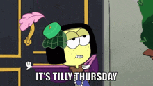 a cartoon character says it 's tilly thursday in a purple dress