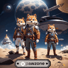 an advertisement for pawzone shows three cartoon dogs in space suits