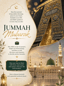 a jummah mubarak card with a picture of a mosque on it