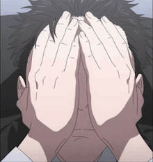 a man covering his face with his hands in a cartoon style