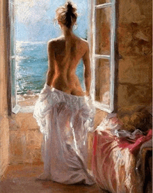 a painting of a naked woman in a white dress looking out of a window at the ocean .