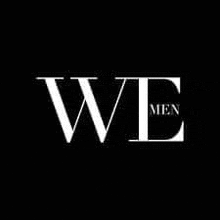 a white logo on a black background for we men magazine .