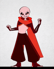 a cartoon drawing of a skeleton wearing a red scarf and pants