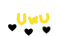 a yellow letter u with three black hearts around it