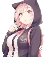 a girl with pink hair is wearing a black hoodie and a backpack