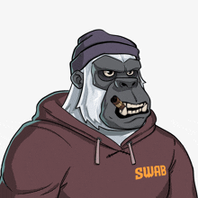 a gorilla is wearing a hoodie that says swap on it