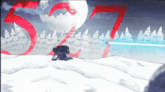 a drawing of a snowy landscape with the number 57 in red letters