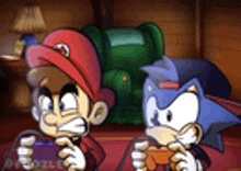 mario and sonic are playing a video game together in a room .