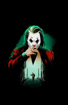 the joker is wearing a mask and smoking a cigarette while standing on a bridge .