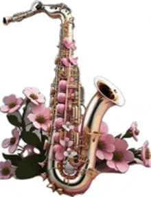 a saxophone with pink flowers around it