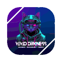 an app icon for vivid darkness music gaming tech with a cat wearing headphones