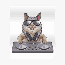 a cat wearing headphones and sunglasses is playing music on a dj mixer .