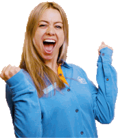 a woman in a blue shirt with a name tag that says ' sandra ' on it