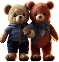 two teddy bears are standing next to each other wearing sweaters