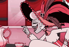 a cartoon character is sitting at a table with a teapot and cups