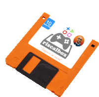 an orange floppy disc with rizcalbox on it