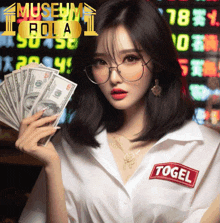 a woman wearing glasses and a white shirt with the word togel on it