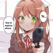 a girl with green eyes is pointing a gun at the camera and says yo