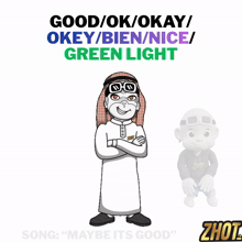 a cartoon character with the words good / ok / okay / okey / bien / nice / green light behind him