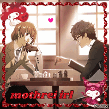 a picture of two anime characters playing chess with the name mothrei iri on it