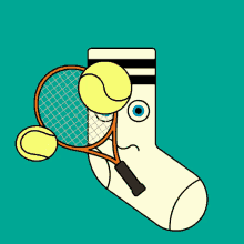 a cartoon drawing of a sock holding a tennis racket