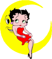 betty boop sits on a yellow crescent moon with a smiling face