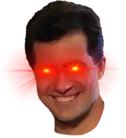 a man with glowing red eyes and a smile on his face