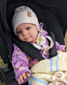 a baby in a stroller with a pacifier and a blanket