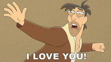 a cartoon man says i love you with his fist in the air