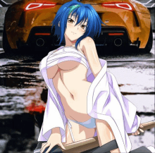 a naked anime girl is standing in front of a car that says gtr