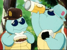 two cartoon turtles wearing san diego padres hats are eating and drinking