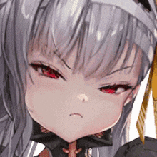 a close up of a anime girl with gray hair and red eyes making a funny face .