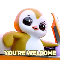 a penguin is sitting in a car with the words you 're welcome below it