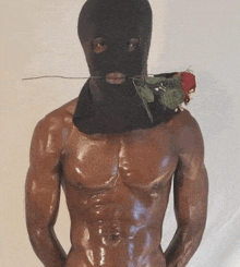 a naked man wearing a black ski mask holds a rose in his mouth