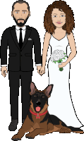 a cartoon of a bride and groom holding hands and a german shepherd