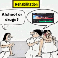 a cartoon of a man getting a vaccine with the words rehabilitation above him