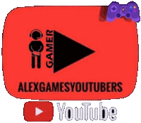 the logo for alexgamesyoutubers is a red button with a black triangle and a purple controller .