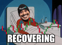 a cartoon of a man in a hospital bed with the word recovering on the bottom right