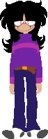 a cartoon character wearing a purple sweater and jeans