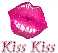 a close up of a pink kiss with the words kiss kiss written below it