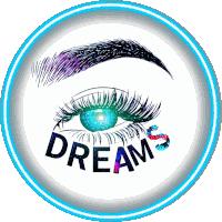 a drawing of a woman 's eye with the word dreams written in black