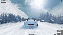 a white car is driving down a snowy road in a game