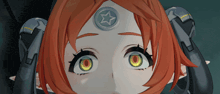 a close up of a cartoon character with a star on her head