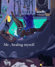 a painting of a woman in a bathtub with the words " me healing myself " on the bottom